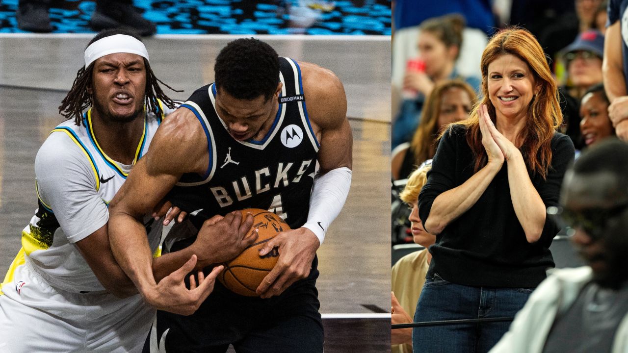(L) Myles Turner and Giannis Antetokounmpo (R) Rachel Nichols
