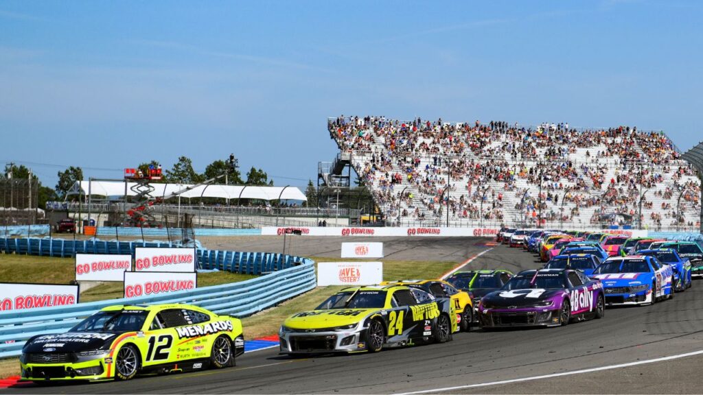 NASCAR Cup Series driver Ryan Blaney (12) leads the field on a restart during the Go Bowling at The Glen at Watkins Glen International.