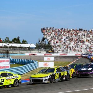NASCAR Cup Series driver Ryan Blaney (12) leads the field on a restart during the Go Bowling at The Glen at Watkins Glen International.