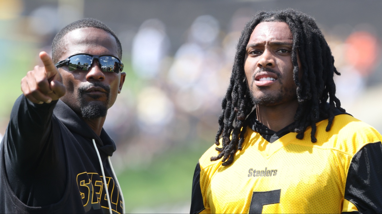 Pittsburgh Steelers cornerback Jalen Ramsey (5) participates in drills during training camp at Saint Vincent College.