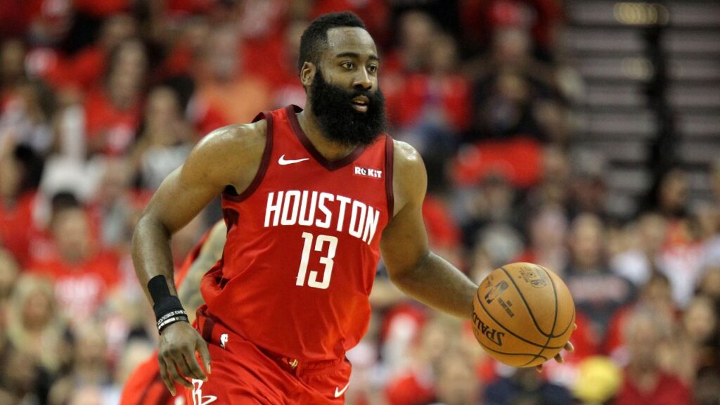 Houston Rockets guard James Harden (13) brings the ball upcourt against the Utah Jazz during the second quarter in game five of the first round of the 2019 NBA Playoffs at Toyota Center.