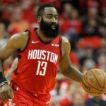 Houston Rockets guard James Harden (13) brings the ball upcourt against the Utah Jazz during the second quarter in game five of the first round of the 2019 NBA Playoffs at Toyota Center.