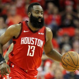 Houston Rockets guard James Harden (13) brings the ball upcourt against the Utah Jazz during the second quarter in game five of the first round of the 2019 NBA Playoffs at Toyota Center.