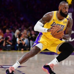 Los Angeles Lakers forward LeBron James (23) controls the ball against the Minnesota Timberwolves during the first half in game five of first round for the 2025 NBA Playoffs at Crypto.com Arena. Mandatory