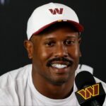 Washington Commanders outside linebacker Von Miller (24) speaks with the media after practice on day two of training camp at OrthoVirginia Training Center at Commanders Park.