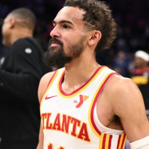 Apr 11, 2025; Philadelphia, Pennsylvania, USA; Atlanta Hawks guard Trae Young (11) looks on after the game against the Philadelphia 76ers at Wells Fargo Center.