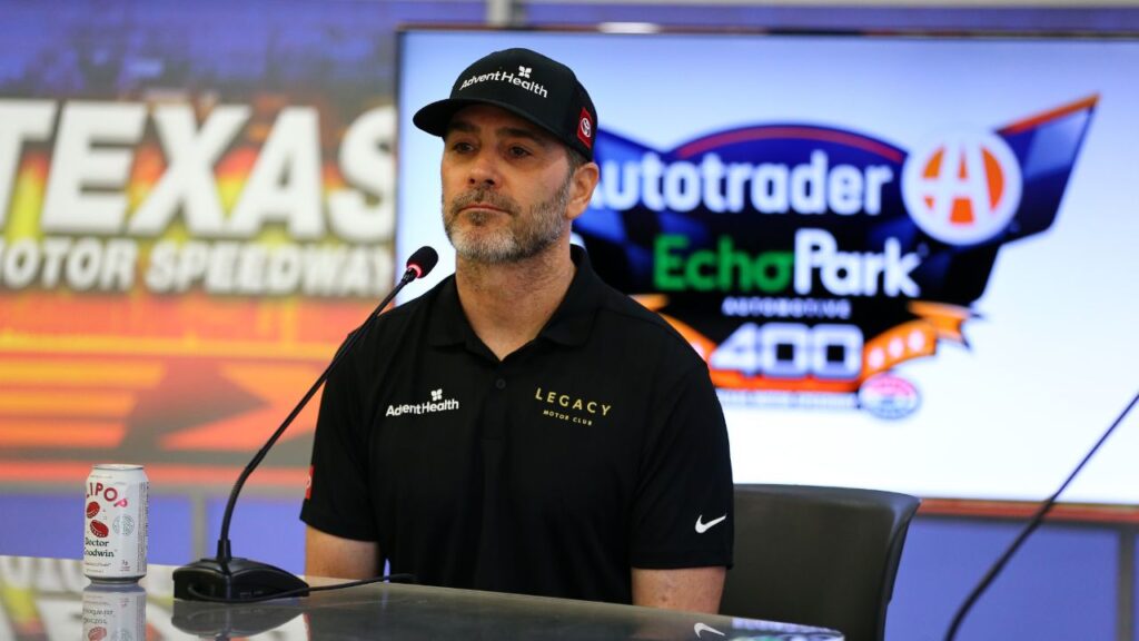 Seven time NASCAR Cup Series Champion Jimmie Johnson (84) answers questions from the media before practice for the NASCAR Cup Series AutoTrader EchoPark Automotive 400 at Texas Motor Speedway.