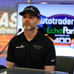 Seven time NASCAR Cup Series Champion Jimmie Johnson (84) answers questions from the media before practice for the NASCAR Cup Series AutoTrader EchoPark Automotive 400 at Texas Motor Speedway.