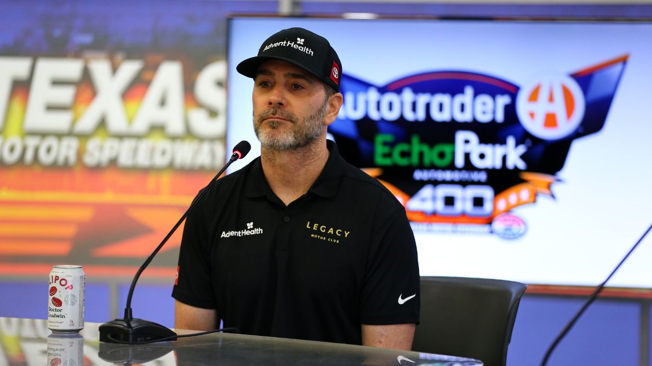 Seven time NASCAR Cup Series Champion Jimmie Johnson (84) answers questions from the media before practice for the NASCAR Cup Series AutoTrader EchoPark Automotive 400 at Texas Motor Speedway.