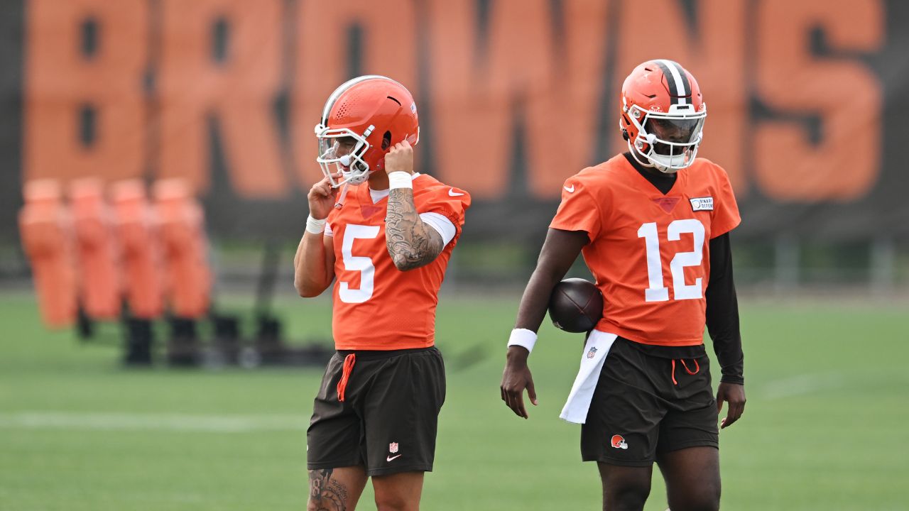 Cleveland Browns quarterback Dillon Gabriel (5) and quarterback Shedeur Sanders (12) during mini camp at CrossCountry Mortgage Campus.