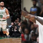 Derrick White (L), LeBron James (R)