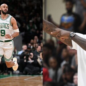 Derrick White (L), LeBron James (R)