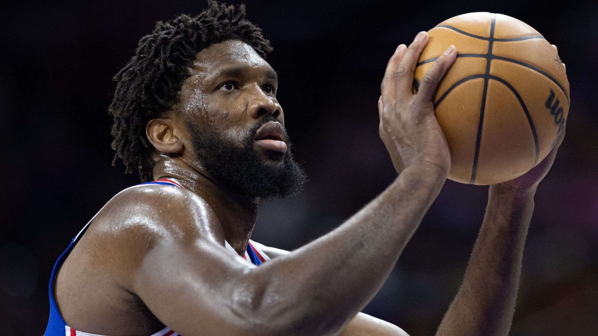Philadelphia 76ers center Joel Embiid (21) shoots a foul shot against the Houston Rockets during the second quarter at Wells Fargo Center.
