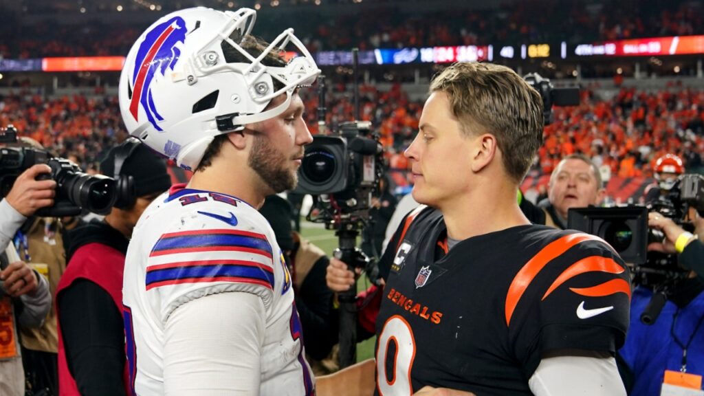 Buffalo Bills quarterback Josh Allen (17) and Cincinnati Bengals quarterback Joe Burrow (9) shake hands at the conclusion of a Week 9 NFL football game between the Buffalo Bills and the Cincinnati Bengals, Monday, Nov. 6, 2023, at Paycor Stadium in Cincinnati.