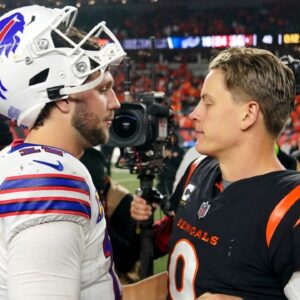 Buffalo Bills quarterback Josh Allen (17) and Cincinnati Bengals quarterback Joe Burrow (9) shake hands at the conclusion of a Week 9 NFL football game between the Buffalo Bills and the Cincinnati Bengals, Monday, Nov. 6, 2023, at Paycor Stadium in Cincinnati.