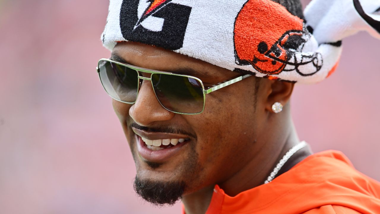 Cleveland Browns quarterback Deshaun Watson (4) on the sidelines during the first quarter against the Los Angeles Rams at Huntington Bank Field.