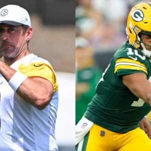 Aug 9, 2025; Green Bay, Wisconsin, USA; Green Bay Packers quarterback Jordan Love (10) hands off the ball to Green Bay Packers running back Chris Brooks (30) during the first quarter against the New York Jets at Lambeau Field.