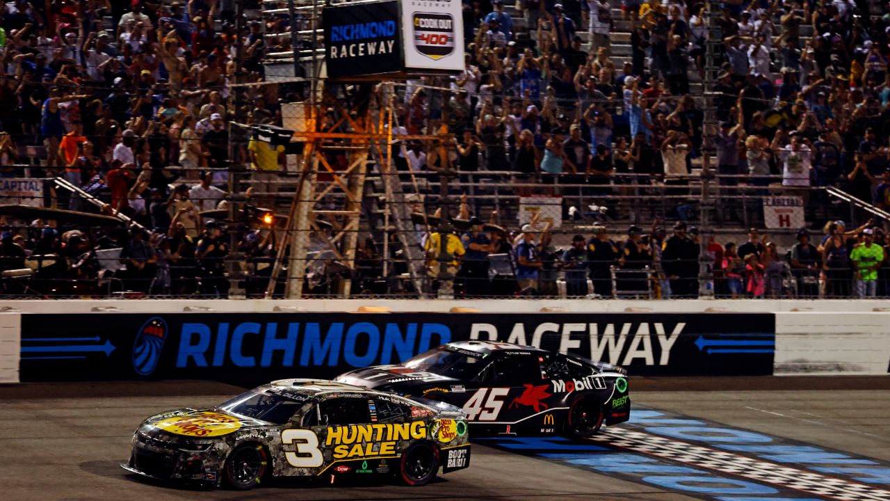NASCAR Cup Series driver Austin Dillion (3) crosses the start/finish line to win the Cook Out 400 at Richmond Raceway.