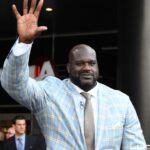 Los Angeles Lakers former center Shaquille O'Neal poses at statue unveiling ceremony at Staples Center.