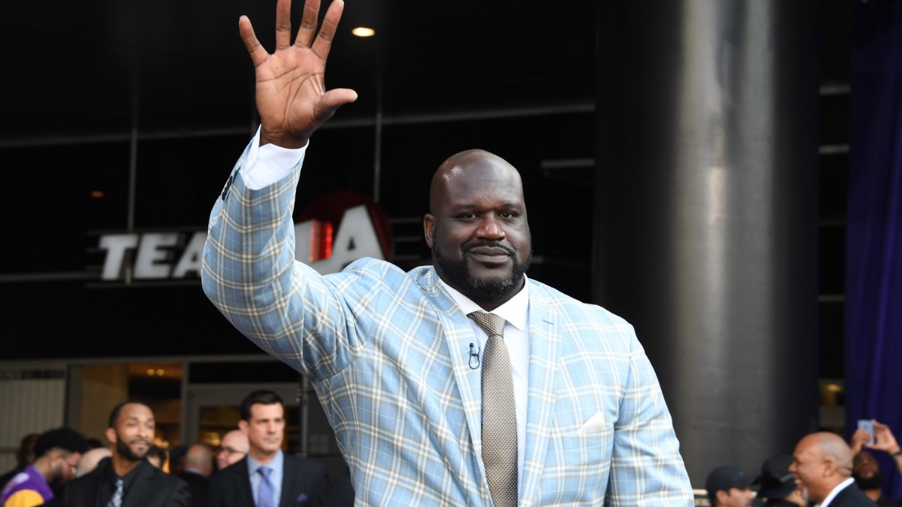 Los Angeles Lakers former center Shaquille O'Neal poses at statue unveiling ceremony at Staples Center.
