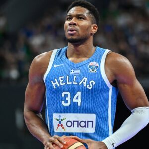 Giannis Antetokounmpo of Greece plays during the friendly match between Greece and France at OAKA Stadium in Athens, Greece, on August 24, 2025