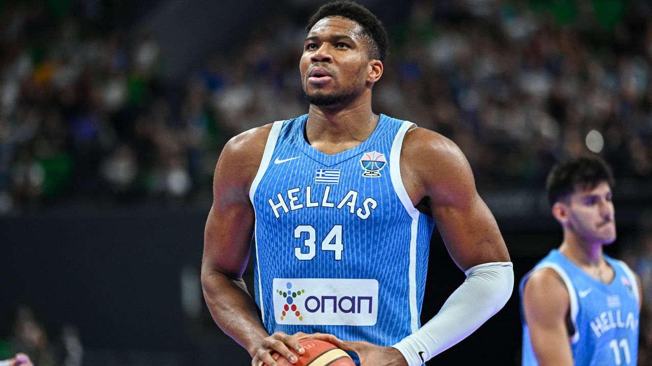 Giannis Antetokounmpo of Greece plays during the friendly match between Greece and France at OAKA Stadium in Athens, Greece, on August 24, 2025