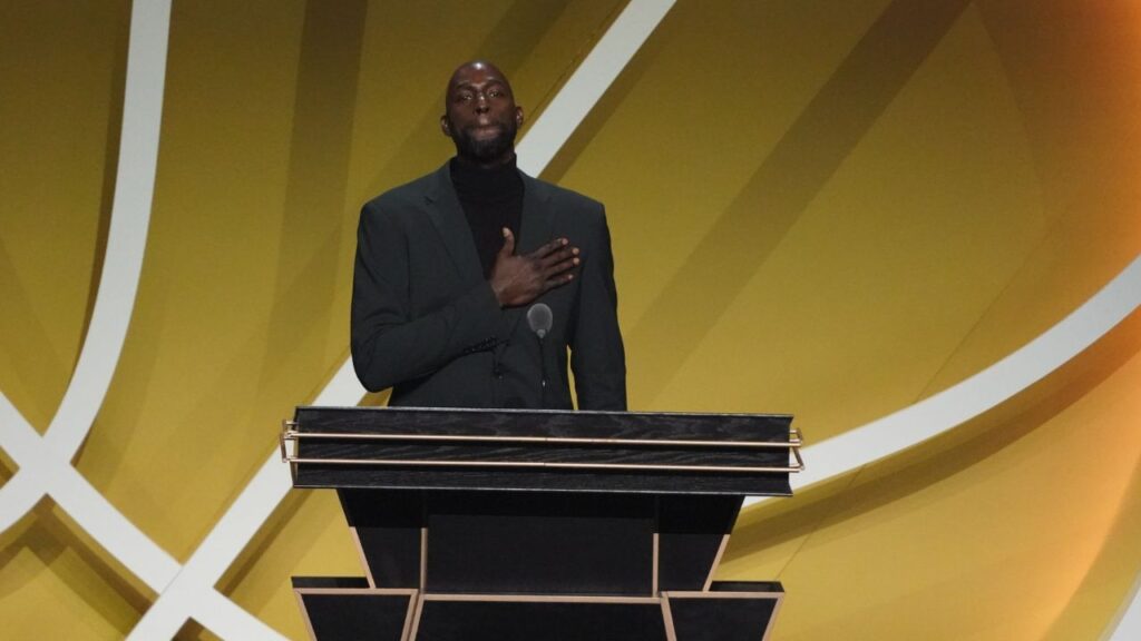 Class of 2020 inductee Kevin Garnett speaks during the Naismith Memorial Basketball Hall of Fame Enshrinement ceremony at Mohegan Sun Arena.
