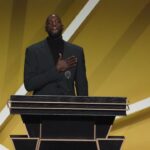 Class of 2020 inductee Kevin Garnett speaks during the Naismith Memorial Basketball Hall of Fame Enshrinement ceremony at Mohegan Sun Arena.