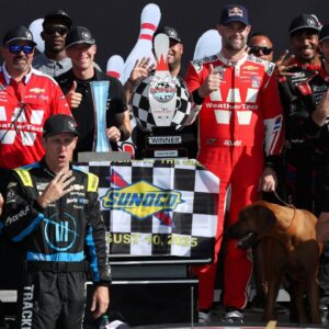 NASCAR Cup Series driver Shane Van Gisbergen celebrates with his team in victory lane after winning the Go Bowling at The Glen at Watkins Glen International.