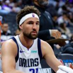 Apr 16, 2025; Sacramento, California, USA; Dallas Mavericks guard Klay Thompson (31) sits on the bench during the fourth quarter against the Sacramento Kings at Golden 1 Center.