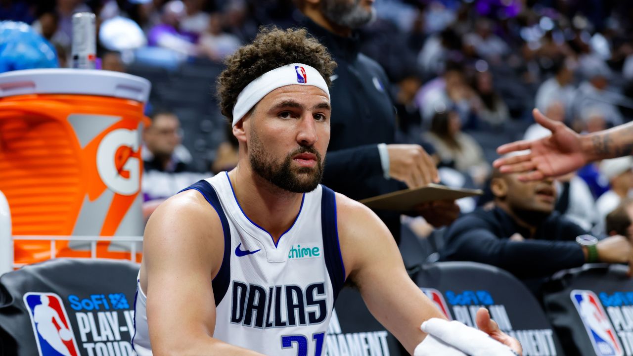 Apr 16, 2025; Sacramento, California, USA; Dallas Mavericks guard Klay Thompson (31) sits on the bench during the fourth quarter against the Sacramento Kings at Golden 1 Center.