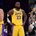 Luka Doncic (L), LeBron James (C), and Giannis Antetokounmpo (R)