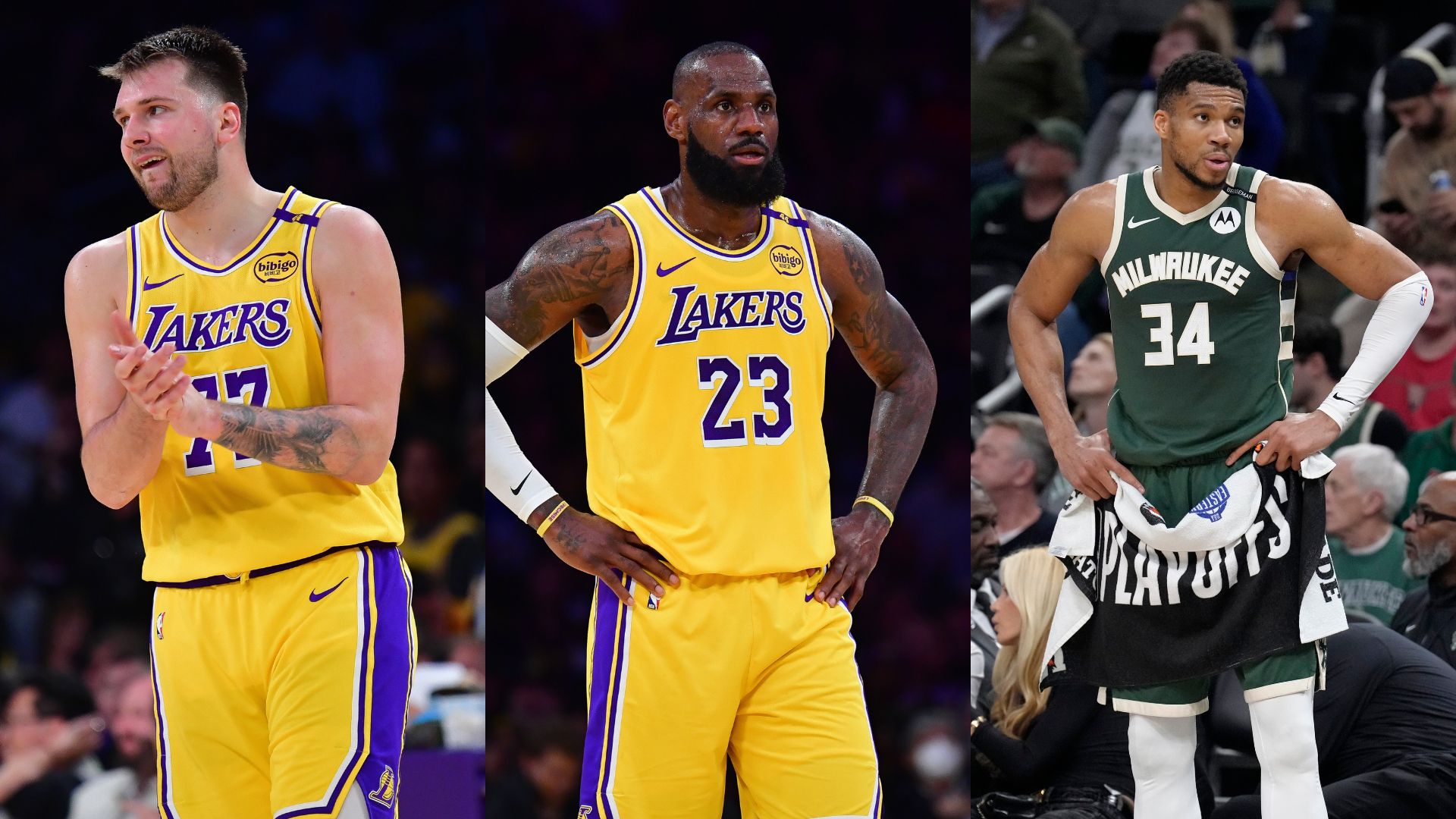 Luka Doncic (L), LeBron James (C), and Giannis Antetokounmpo (R)