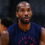 Apr 29, 2025; Denver, Colorado, USA; LA Clippers forward Kawhi Leonard (2) warms up before game five of the first round for the 2025 NBA Playoffs against the Denver Nuggets at Ball Arena.