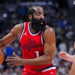 LA Clippers guard James Harden (1) prepares to pass the ball in the second quarter against the Denver Nuggets during game seven of first round for the 2025 NBA Playoffs at Ball Arena.