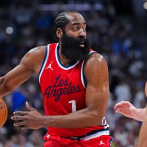 LA Clippers guard James Harden (1) prepares to pass the ball in the second quarter against the Denver Nuggets during game seven of first round for the 2025 NBA Playoffs at Ball Arena.