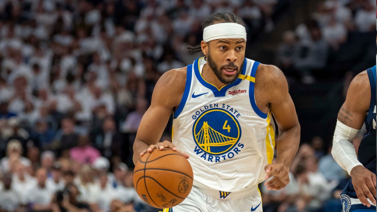 Golden State Warriors guard Moses Moody (4) drives to the basket past Minnesota Timberwolves guard Mike Conley (10) in the second half during game five of the second round for the 2025 NBA Playoffs at Target Center.