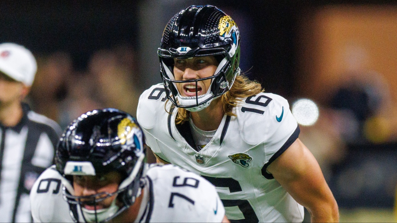 Jacksonville Jaguars quarterback Trevor Lawrence (16) calls for the ball against the New Orleans Saints during the first half at Caesars Superdome.