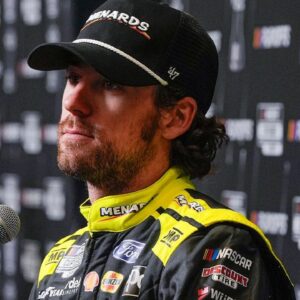 Ryan Blaney answers questions from the media during NASCAR Cup Series Playoff Media Day at Charlotte Convention Center. Mandatory Credit: Jim Dedmon-Imagn Images