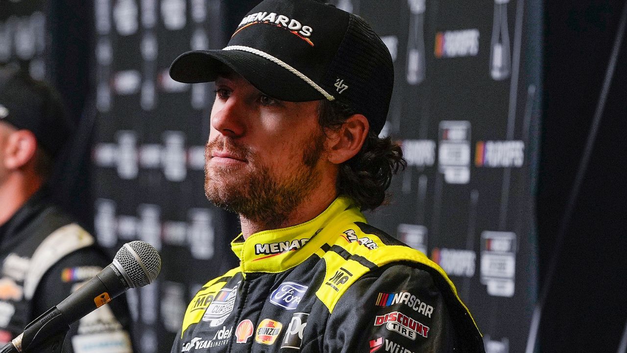 Ryan Blaney answers questions from the media during NASCAR Cup Series Playoff Media Day at Charlotte Convention Center. Mandatory Credit: Jim Dedmon-Imagn Images