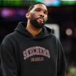 Philadelphia 76ers center Joel Embiid looks on after the game against the Milwaukee Bucks at Wells Fargo Center.