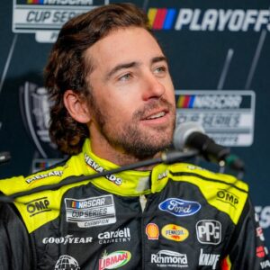 Ryan Blaney answers questions from the media during NASCAR Cup Series Playoff Media Day at Charlotte Convention Center.