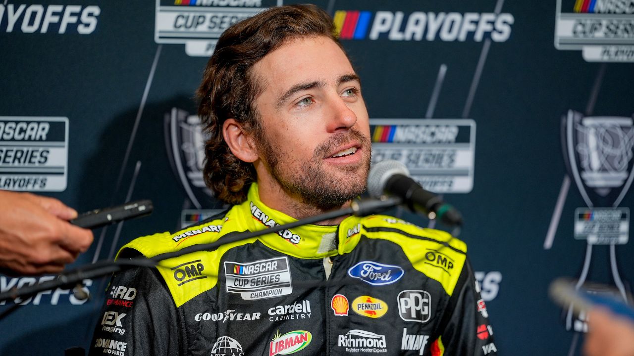 Ryan Blaney answers questions from the media during NASCAR Cup Series Playoff Media Day at Charlotte Convention Center.
