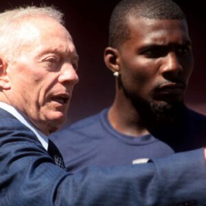 Dallas Cowboys owner Jerry Jones talks with wide receiver Dez Bryant before the start of the game against the San Francisco 49ers at Candlestick Park.