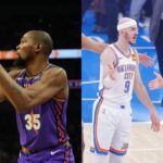 Kevin Durant (L), Alex Caruso and Isaiah Hartenstein (R)