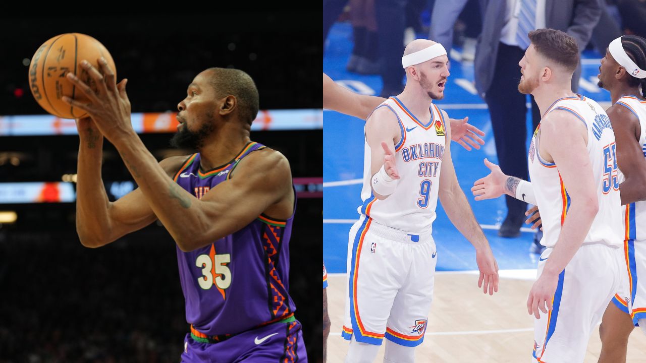 Kevin Durant (L), Alex Caruso and Isaiah Hartenstein (R)