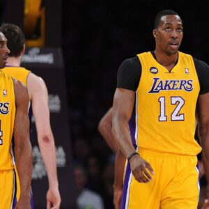 Los Angeles Lakers shooting guard Kobe Bryant (24) and center Dwight Howard (12) in the first half of the game against the Washington Wizards at the Staples Center.
