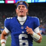 New York Giants quarterback Jaxson Dart (6) leaves the field following a game against the New York Jets at MetLife Stadium.