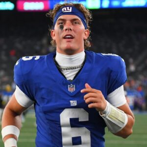 New York Giants quarterback Jaxson Dart (6) leaves the field following a game against the New York Jets at MetLife Stadium.