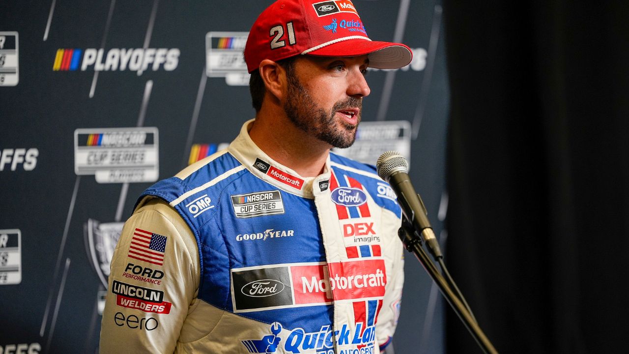 Josh Berry answers questions from the media during NASCAR Cup Series Playoff Media Day at Charlotte Convention Center.